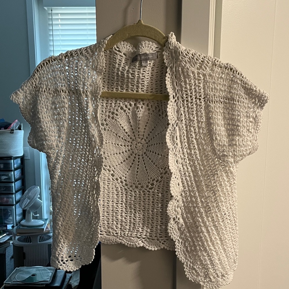 RARE NY Collection 100 % Cotton Creamy White Open-Knit Short Sleeve Cardigan